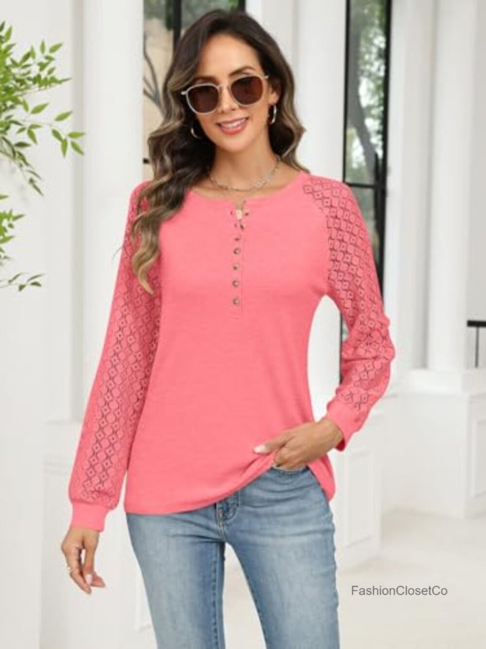 Lace Henley Long Sleeve T-Shirt Women Casual Stretchy Blouse - Picture 2 of 6
